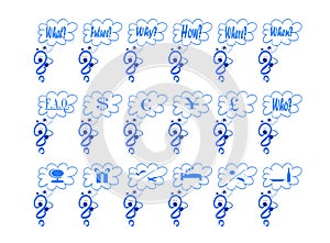 Question mark with different questions in mind