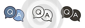 Questions and answers icon with speech bubble and q and a letters. Vector minimal trendy illustration in 3 styles for frequently