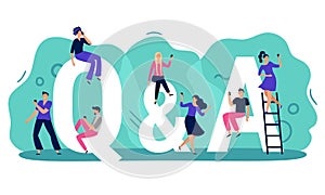 Questions and answers. Q A with people, persons with smartphones ask question and find answer vector illustration. Young men and