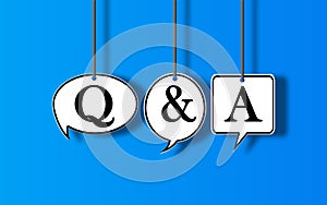 Questions and Answers Symbol In Bubble speech Hanged with string On Bright grey background . 3D Q&A Sign in White Thoughts Bubbles