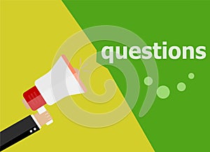 Questions. Hand holding megaphone and speech bubble. Flat design