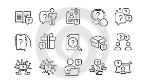 Questions line icons. Artificial Intelligence computer, phone with Question mark, Problem solve. Vector