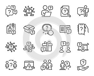 Questions line icons. Artificial intelligence computer, phone with question mark, problem solve. Vector