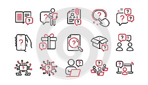 Questions line icons. Artificial Intelligence computer, phone with Question mark, Problem solve. Vector
