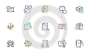 Questions line icons. Artificial Intelligence computer, phone with Question mark, Problem solve. Vector