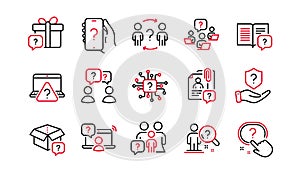 Questions line icons. Problem solve, Artificial Intelligence computer, Phone with Question mark. Vector