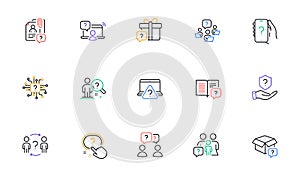 Questions line icons. Problem solve, Artificial Intelligence computer, Phone with Question mark. Vector