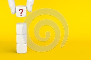 Questions Mark word in cube block stacking on yellow background. FAQ Answer, Q&A. Copy space.