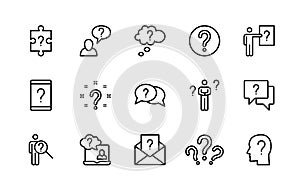Questions and problem, ask and think, vector linear icons set. Difficulty management. Isolated collection of questions