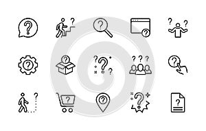 Questions and problems, ask and think, vector linear icons set. Contains icons difficulty, question mark and more