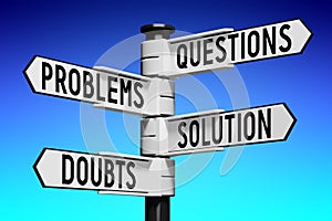 Questions, problems, solution, doubts - signpost with four arrows