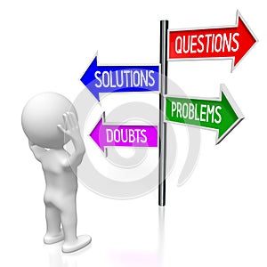 Questions, solutions, problems, doubts concept - signpost with four arrows, cartoon character