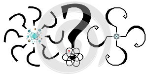 Questions surround an atomic nucleus vector graphics illustration