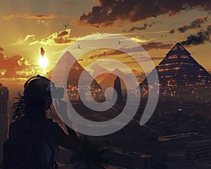 Quests through smart cities at dawn virtual reality smugglers Pharaoh silhouettes under the setting sun