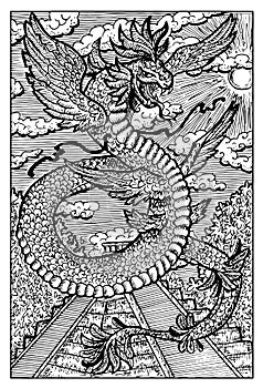 Quetzalcoatl, aztec feathered serpent god, hand drawn illustration