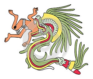 Quetzalcoatl in feathered serpent form, eating a man