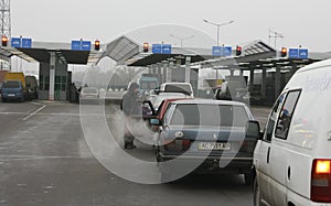 Queue of cars waiting at the Polish-Ukrainian border crossing