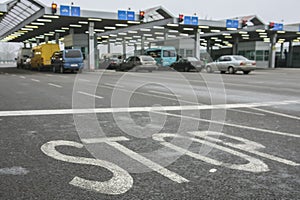 Queue of cars waiting at the Polish-Ukrainian border crossing