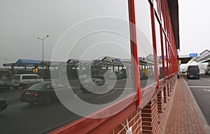 Queue of cars waiting at the Polish-Ukrainian border