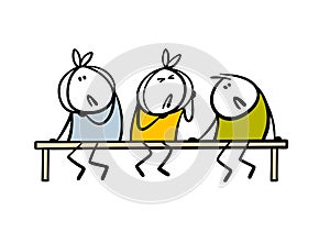 Queue at dentist office. Vector illustration of stickman with bandage and toothache sitting on bench waiting for doctor