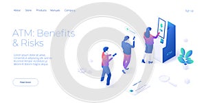 Queue near ATM machine in isometric vector design. Cash machine withdrawal or online money transfer. Internet banking smartphone