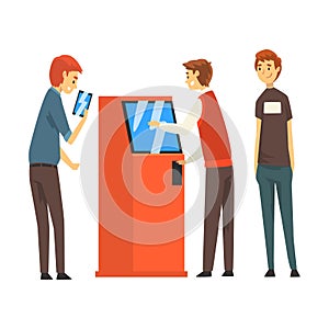 Queue of People to ATM, Man Getting Money Through Cash Dispenser, Banking service Vector Illustration