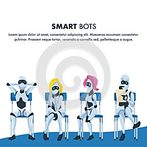 Queue of Smart Robot Sit Wait for Job Interview