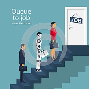 Queue to work man woman and robot