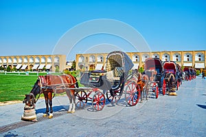 Queue of tourist carriages, Isfahan, Iran