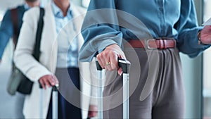 Queue, travel and business people in airport with delay waiting for international flight with suitcase and ticket