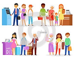 Queue vector people waiting line queuing in long row in supermarket to airport gate or ATM illustration set of woman or