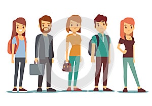 Queue of young people. Waiting women and men standing in line. Vector illustration