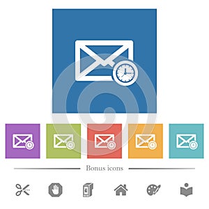 Queued mail flat white icons in square backgrounds