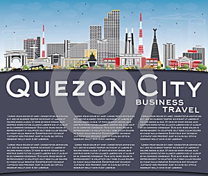 Quezon City Philippines Skyline with Gray Buildings, Blue Sky an