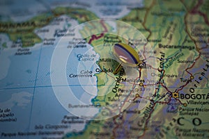 Quibdo pinned on a map with flag of Colombia photo