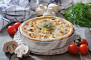 Quiche pie with chicken and mushroom photo