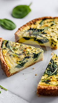 Quiche with spinach and cheese sliced cleanly, light background for brunch promotion