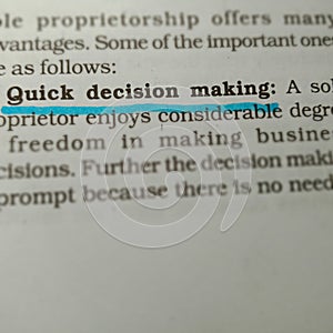 quick decision making text written on book page underlined text form