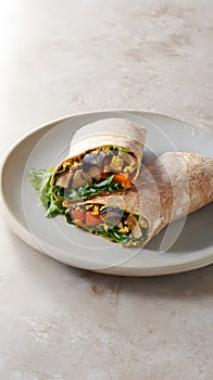 Quick-fix veggie wrap on neutral plate, corner reserved for call-to-action phrase