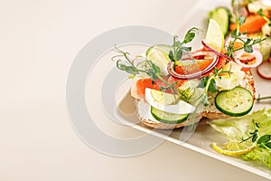 Quick and healthy food recipes. Salad with salmon, vegetables and herbs on Italian ciabatta bread. Mediterranean dish recipes.