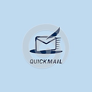 Quick mail fast mailing delivery service logo with fast moving letter mail and classic quill pen icon symbol vector