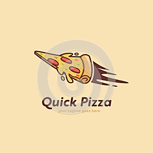 Quick pizza logo, fast pizzeria delivery logo with flying pizza illustration icon