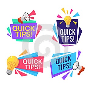 Quick shortcuts. Useful tips and recommendations with megaphone and light bulb symbols and text, reminder labels, abstract shapes