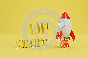 quick start of business. a rocket taking off and the inscription start up on a yellow background. 3D render