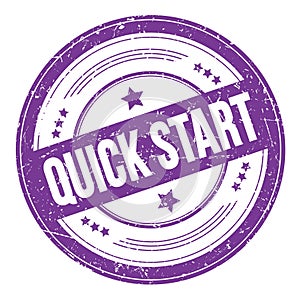 QUICK START text on violet indigo round grungy stamp