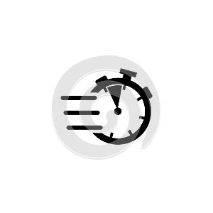 Quick time logo, fast deadline. Fast flying time, round clock icon isolated on white background