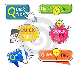 Quick tip banners. Tips and tricks suggestion, quickly help advice solutions. Helpful info words labels photo