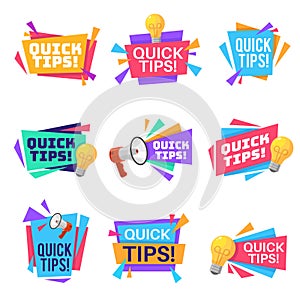 Quick tip. Helpful tricks and advice blog post badges with idea light bulb and megaphone symbols on creative origami