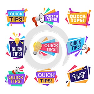 Quick tip labels. Helpful tricks and advice blog post badges with idea light bulb and megaphone symbols and text