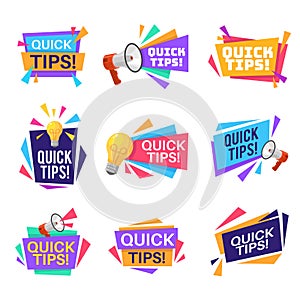 Quick tip labels. Helpful tricks and advice blog post badges with idea light bulb and megaphone symbols and text photo